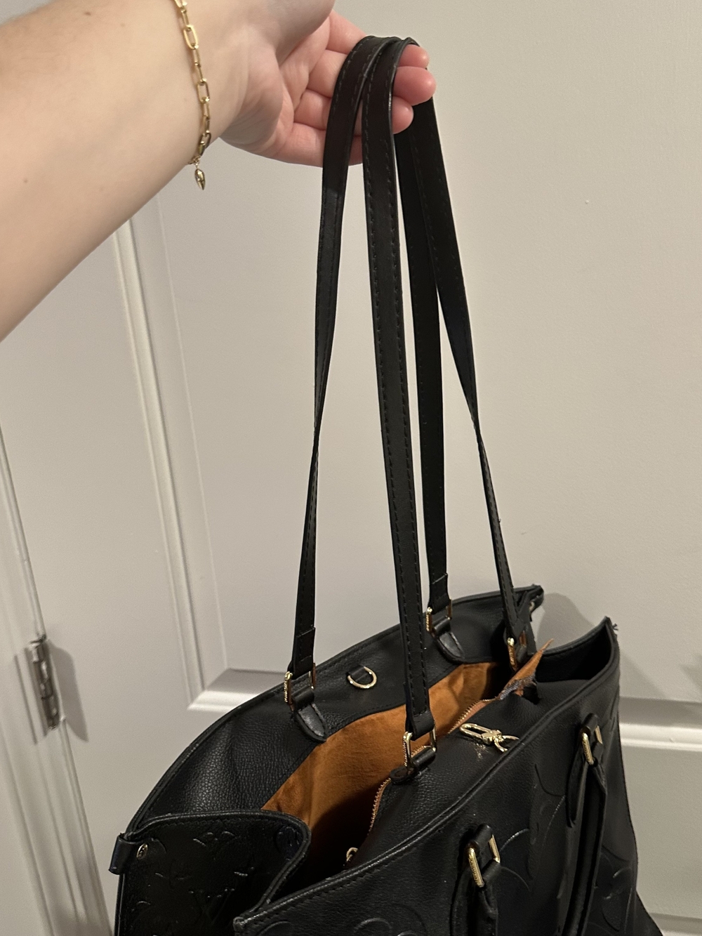 Large Black Embossed Leather Tote with Top Handles - Picture 5 of 14